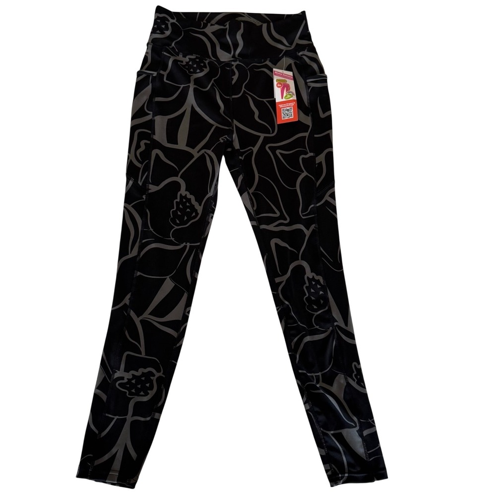 POP Fit Women Black Grey Floral High Waisted Pocket‎ Leggings Large NWT